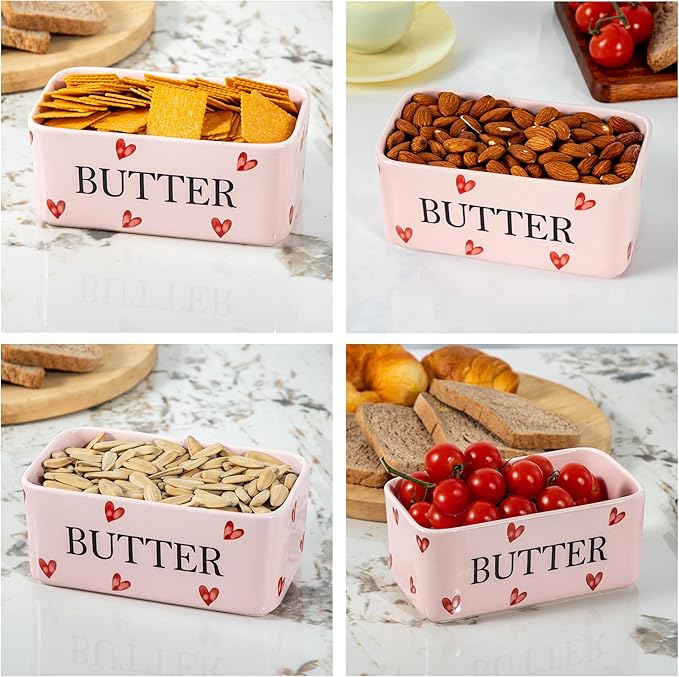 Pink Ceramic Butter Dish with Bamboo Lid and Knife, Cute Butter Holder,Large Covered Butter Container for Refrigerator, Butter Keeper with hearts design, Unique Kitchen Decor Gift(pink love)
