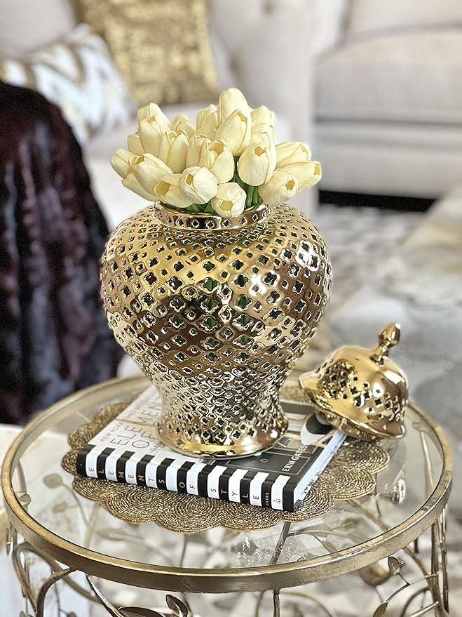 Noori Home - 100% Modern Glam Artisan Ceramic SANA Medium Sana Ginger Jar Urns with Lid 9.5x9.5x14.5
