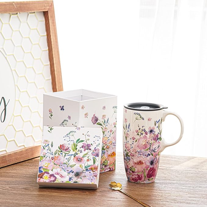 Topadorn Ceramic Travel Mugs Porcelain Latte Tea Cup Coffee Mug with Gift Box, 17oz. Pink Garden