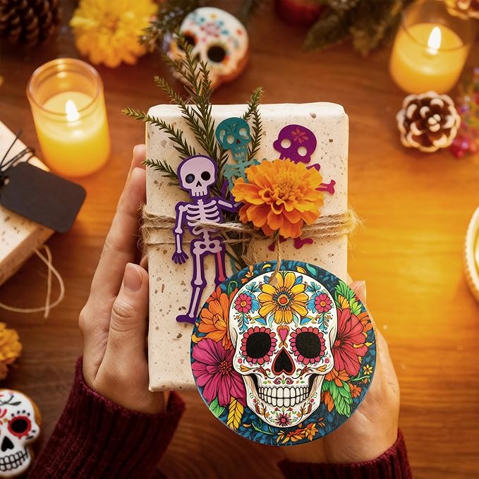 Floral Skull Christmas Ornaments Set of 4,Ceramic Skulls Ornaments for Christmas Tree,Keepsake Ornament Holiday Decoration, Round, Gift Exchange for Home