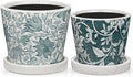 Set of 2 Ceramic Blue and White Plant Pots with Drainage Hole and Saucers, Vintage Farmhouse Accent Planters for Indoor Plants, Round Flower Pots Rustic Succulent Pot Terracotta Tubs 5.7/4.7 Inch
