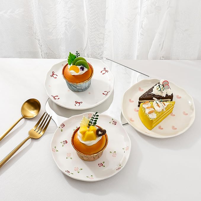 Koythin Ceramic Dessert Plates, Cute Fruits Dinner Plate, Printed Flowers Dinnerware for Office and Home, Kitchen Plates for Desserts (Pink Love)