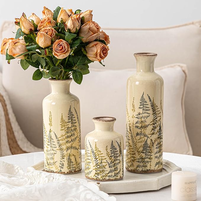 Vintage Floral Pitcher Vase with Handle, Ceramic Farmhouse Flower Vase French Country Decor, Rustic Table Centerpiece, Grand Millennial Tuscan Home Decor for Living Room, Bookshelf (Green-009)