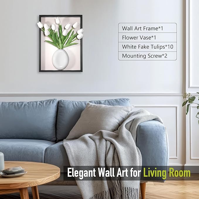 yimido 3D Wall Art Vase with Ceramic Planter, Wooden Framed Wall Decor for Flowers & Decorative Plants, Hanging Wall Vase with Faux Tulips, Modern Black Picture Frame for Living Room Bedroom