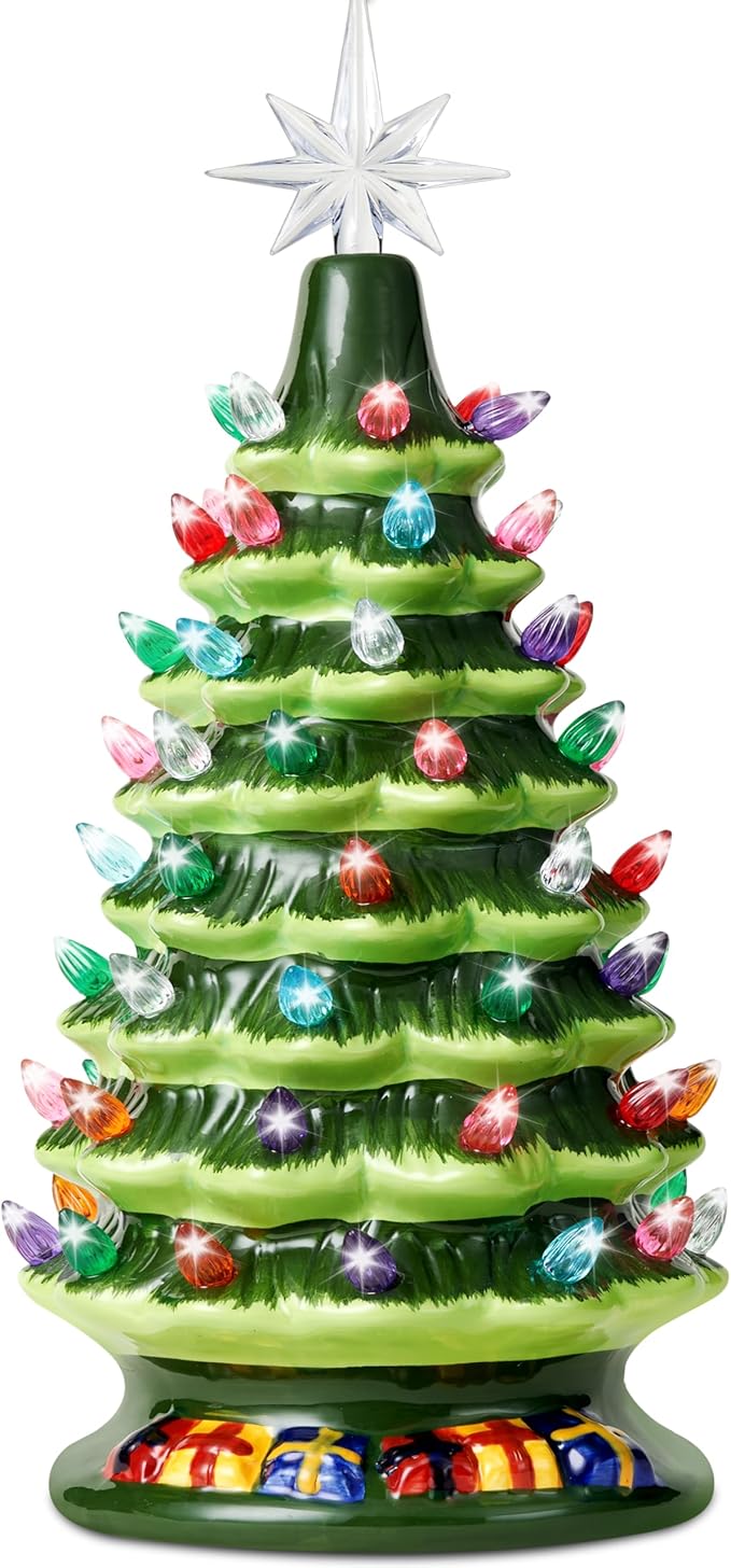 Joiedomi 15" Tabletop Prelit Ceramic Christmas Tree with 70 Multicolor Lights, Hand-Painted Ceramic Tabletop Christmas Tree with Extra Clear Top Star for Xmas Holiday Indoor Decorations