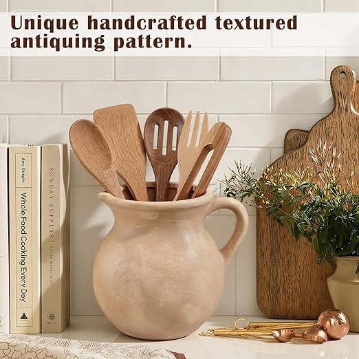 Rustic Kitchen Utensil Holder with Handle,7.48" H Ceramic Vintage Utensil Crock for Countertop, Farmhouse Kitchen Decoration Ceramic Pot for Spatulas Spoons Tongs(Classic,Antique Beige)