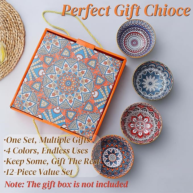 12 Pack Small Ceramic Bowls Set, 10Oz Colorful Dessert Bowl, 4.5Inch Ice Cream Bowls, Porcelain Boho Decorative Bowl for Snack Soup Condiments, Side Dishes, Kitchen, Microwave Safe (4 Styles)