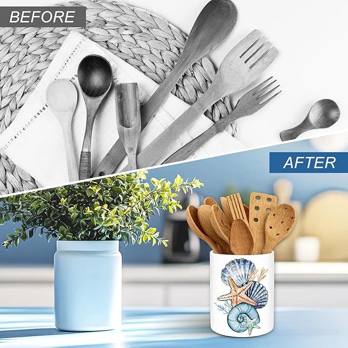 JarThenaAMCS Summer Coastal Ceramic Utensil Holder Starfish Seashell Utensil Crock for Beach Home Kitchen Countertop Storage Organizer Container