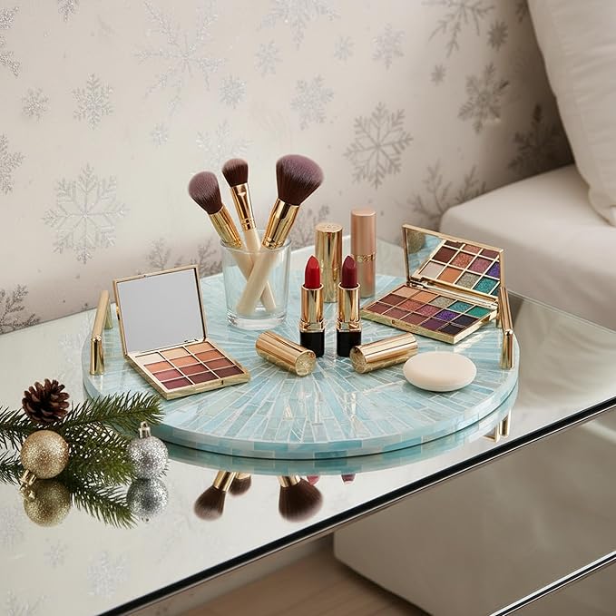 PEMAR Mother of Pearl Decorative Tray, 13"" Round with Gold Metal Handles, Vanity/Perfume/Trinket Tray, Catchall for Dresser, Bathroom, Vanity Table (Teal Sunlight), PM24-PM15