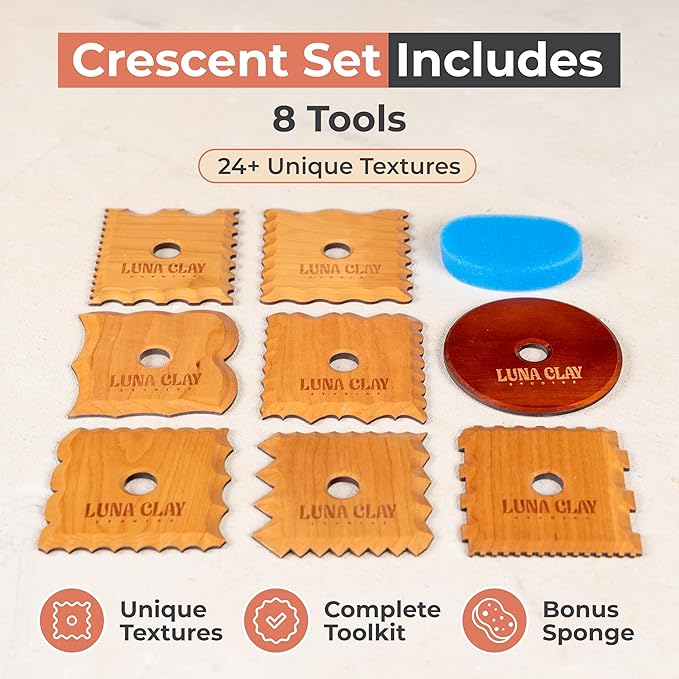 Kiln-Dried Cherry Wood Pottery Ribs & Pottery Tools For Wheel Throwing | 8 Pack - Professional Non-Warping Ceramic Set for Trimming, Sculpting, Shaping - Clay Tools & Modeling Kit with Bonus Sponge