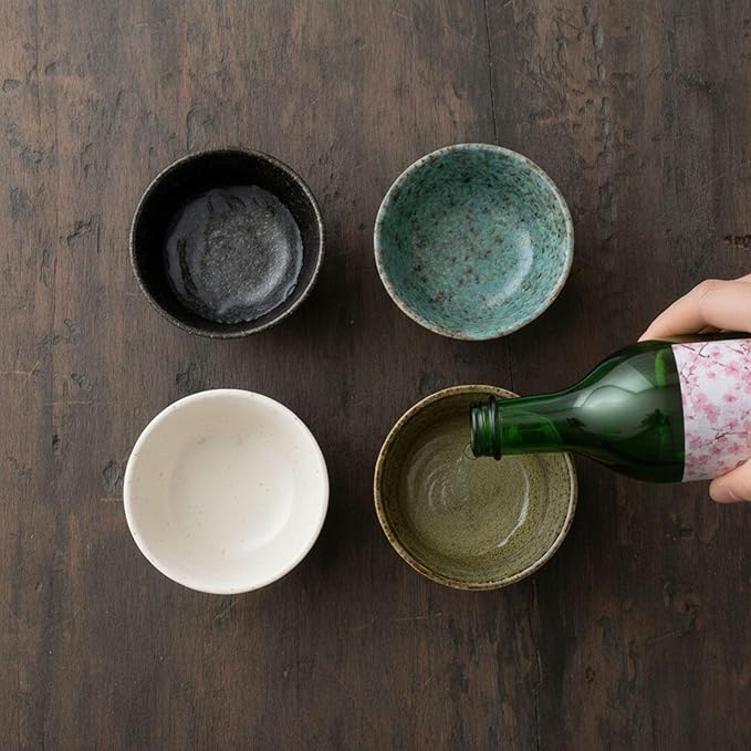 Mino Ware Sake Cup Set, Jomon Choko, Green, Karatsu, Shino, Kuro Glass, 3.5 inch, Japanese Ceramic Sake Cup, Ochoko, Set of 4