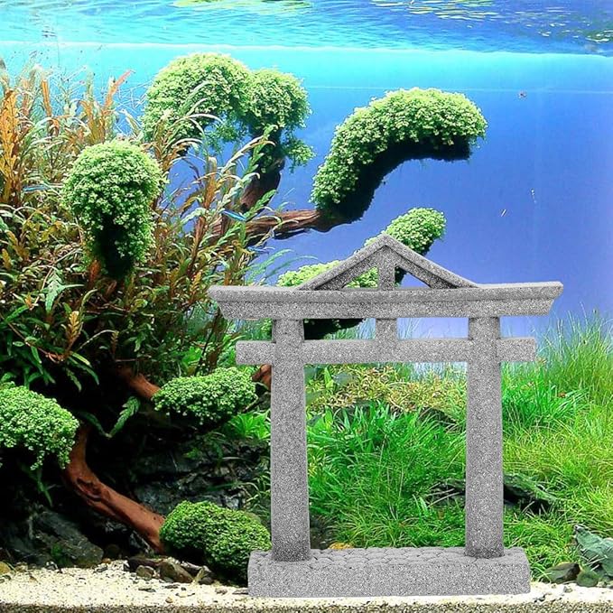 livelyfish Japanese Fish Tank Decorations Asian Aquarium Decor Torii Gate Ornament Japanese Shrine Oriental Pagoda Aquarium Sandstone Bridge Statues Betta Fish Decorations for Tank, S2