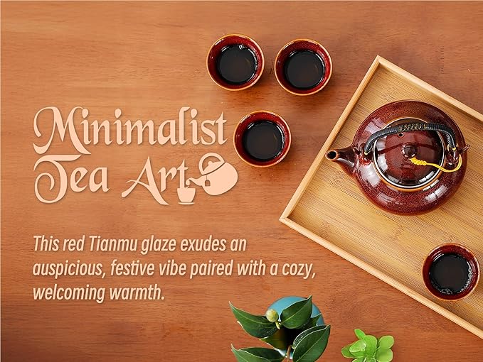 Japanese Tea Set for Adults, Porcelain Kung Fu Tea Set with 1 Teapot (23.5oz/700ml), 6 Tea Cups(4oz/120ml), Tea Tray & Stainless Infuser, Japanese Teapot Set Tea Gift Set (Kiln Altered Red)