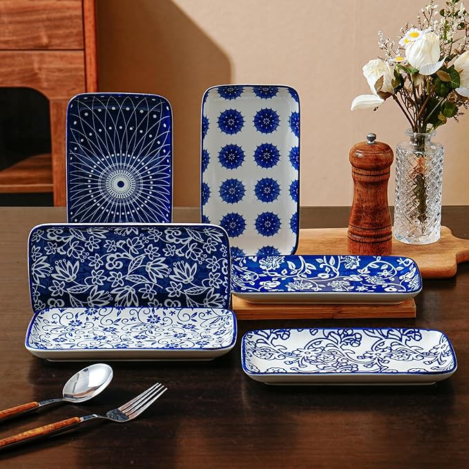 Rectangle Serving Platter Set - 8 Inch Ceramic Rectangular Dinner Plates Serving Trays for Sushi Salad Dessert Appetizer Pasta - Oven Microwave Dishwasher Safe - Set of 6 - Blue and White