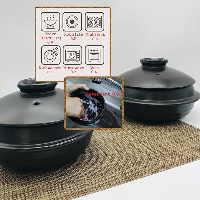 [Petalite Mineral, Retro Design] Korean Earthenware Pot Ttukbaegi, Ceramic Clay Cooking Pot Casserole, Heat Resistant Ceramic Pot, Zero-Crack Stone Bowl Stockpot Soup Cookware (Large)
