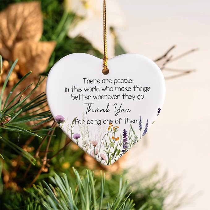 NGHYANA Christmas Tree Ornaments 2025 Heart Shaped Ceramic Thank You Ornament with Wildflower Design – 3.1 Inch Hanging Gift for Appreciation, Gratitude, Teachers, Friends, Coworkers