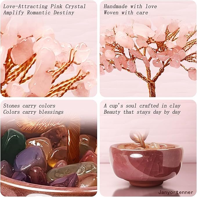 Rose Quartz Crystal Tree,Romantic Office Desk Bedroom Decor,Handmade Copper Wire in Crackle Ceramic Base,Spiritual Gift for Her