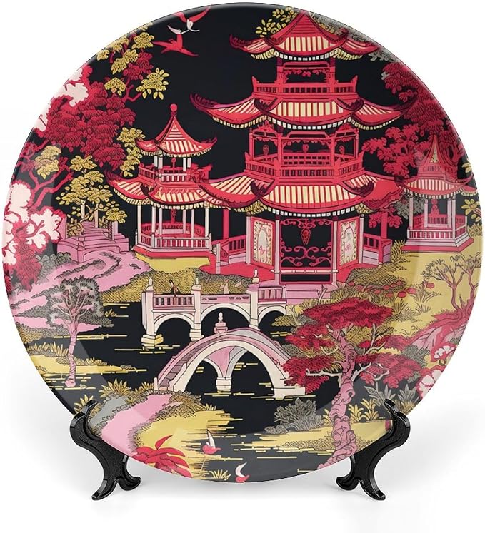 Chinoiserie Charcoal Coral Pagoda Asian China Plates, Personalized Asian Scenic Pagoda Hand-Painted Ceramic Decorative Plates, Office Festival Decorations Display, with 1 Display Stand