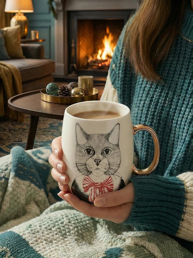 Large 24oz Ceramic Coffee Mug with Gold-Trim Handle, Oversized Porcelain Mug for Coffee, Tea & Hot Chocolate, Hand-Painted Artisan Style, Lead-Free, Gift-Ready Box, Hand Wash Only, Not Microwave Safe