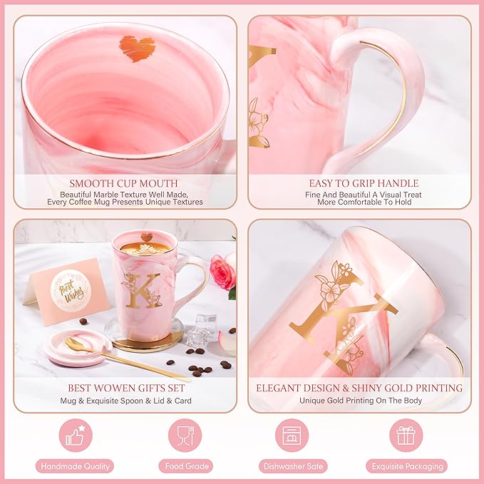 Coffee Mugs - Personalized Gifts for Women, Initial Customized Ceramic Marble Cups 14 Oz Pink, Luxury Birthday Christmas Mother's Day Gift for Her Mom Grandma Girlfriend Friend Unique,K