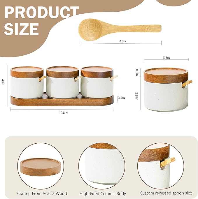3-Pack Ceramic Spice Jars with Spoons & Acacia Wood Lid - Sugar Container, Salt and Seasoning Containers on Wooden Tray for Kitchen, Dining Table, Coffee Bar