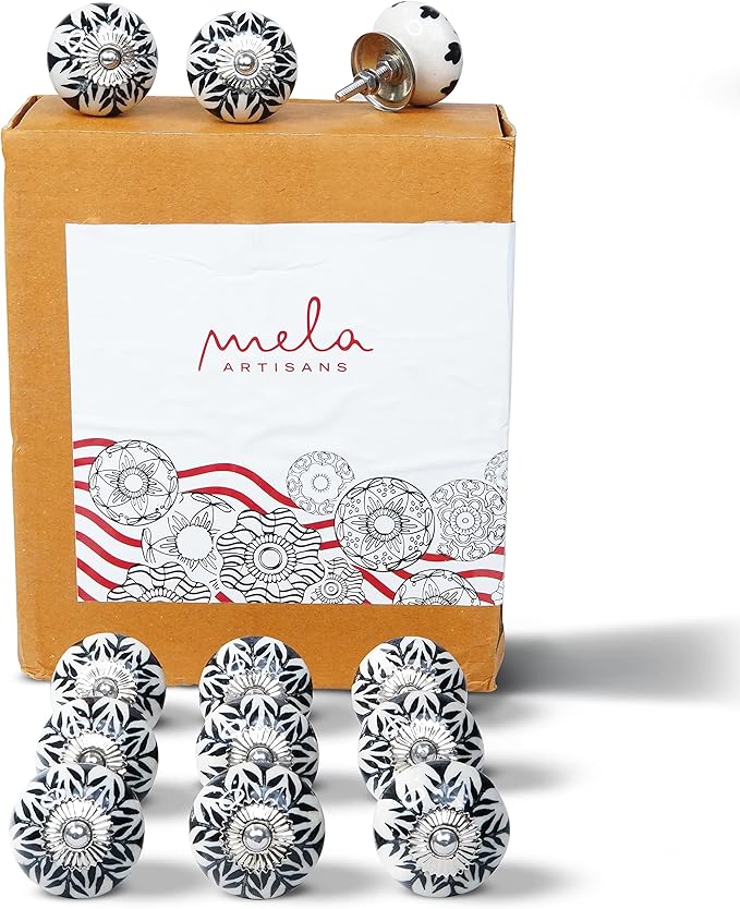 Mela Artisans 12-Pack Ceramic Kitchen Cabinet Knobs - Black & White Daffodil | Decorative Pull Handles for Dresser Drawers | Reversible Metal Backplate | 1.77” Diameter