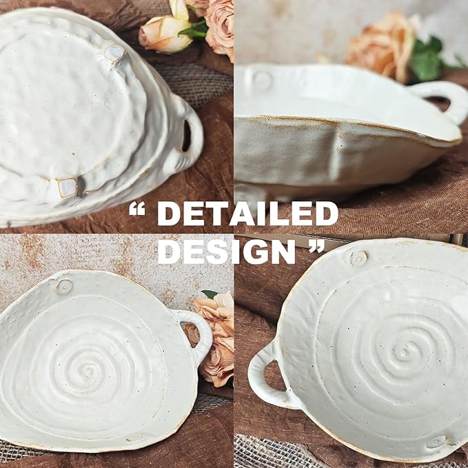 Retro Free-Form Edge Decorative Bowl Ceramic Fruit Bowl with Handle，Matte Farmhouse Cutlery Serving Bowls,Salad Bowl,Table Centerpiece Decor，Housewife/Handmade Gift Box
