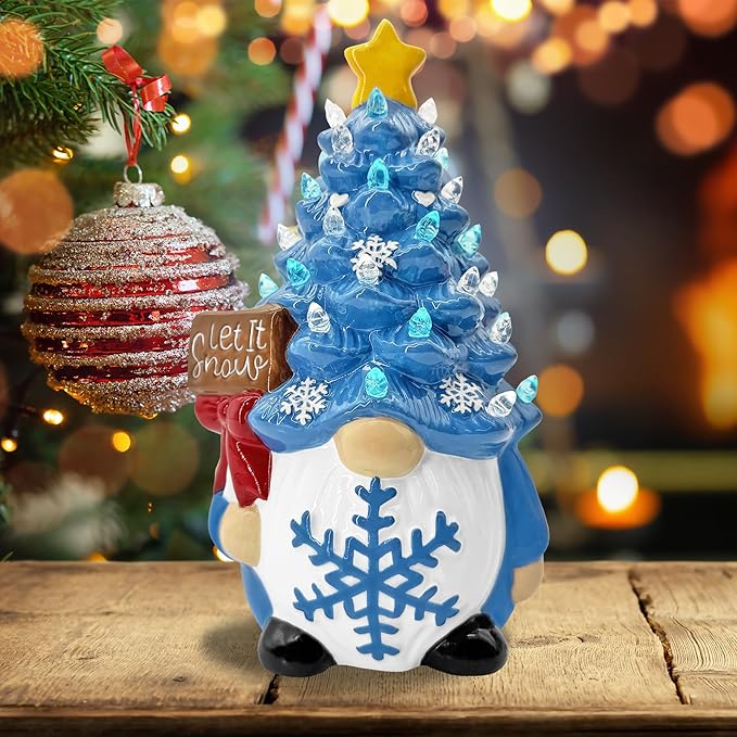 Winter Gnomes Ceramic Tree Decor, Blue Winter Decorations for Home Ceramic Tree with Light Up, Christmas Blue Gnome Lighted Figurines for Table Centerpieces Home Decor Indoor Outdoor Party