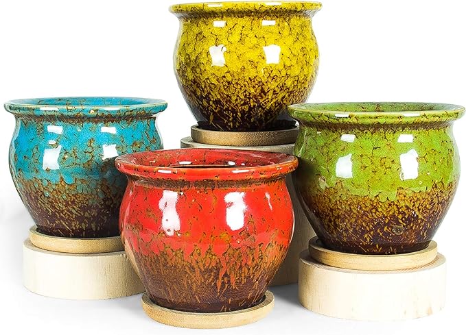 ARTKETTY Succulent Pots - 4 Pack Small Plant Pots with Drainage Tray, 4.5 Inch Ceramic Pots for Indoor Succulent Plants Colorful Cactus Flower Planters Birthday Gifts for Women