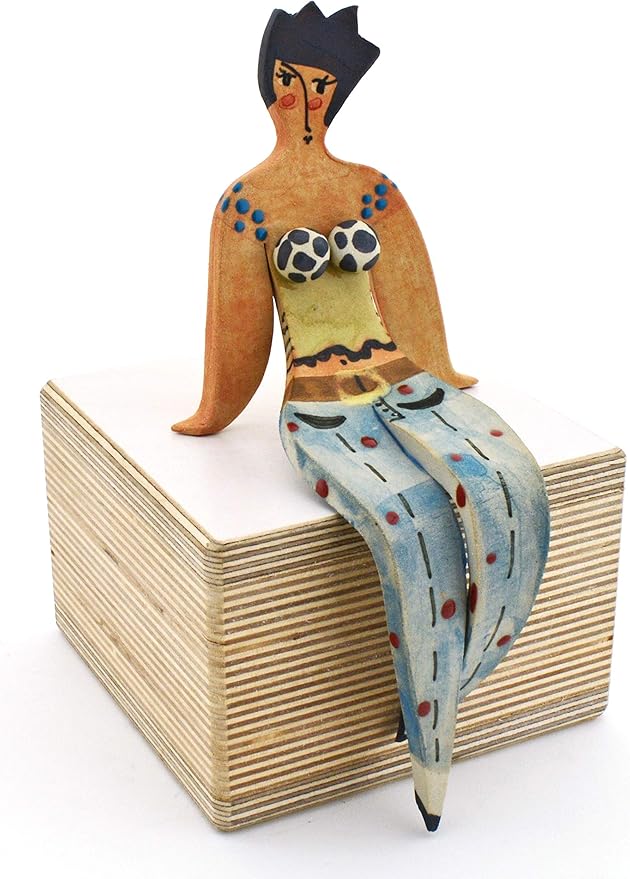 Medium Sitting Woman Decorative Ceramic Sculpture Handmade and Handpainted with Multicolored Foc-Art Decoration. 3,54" x 3,54" x 7,87"