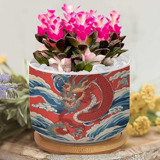 Red and Auqa Dragon Small Ceramics Pots for Plants Set of 1 Chinoiserie Dragon Ceramics Planter with Drainage Holes Chinoiserie Succulents Plant Pot Birthday Gift