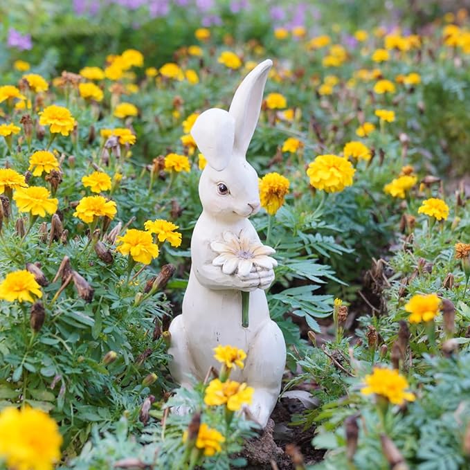 Newman House Studio Easter-Decorations - Spring Bunny Decor - Table Centerpiece - Spring Figurines - Indoor Bunny Statues with Flower Farmhouse Office Room Decor for Table 5 * 4.25 * 11.75 inch