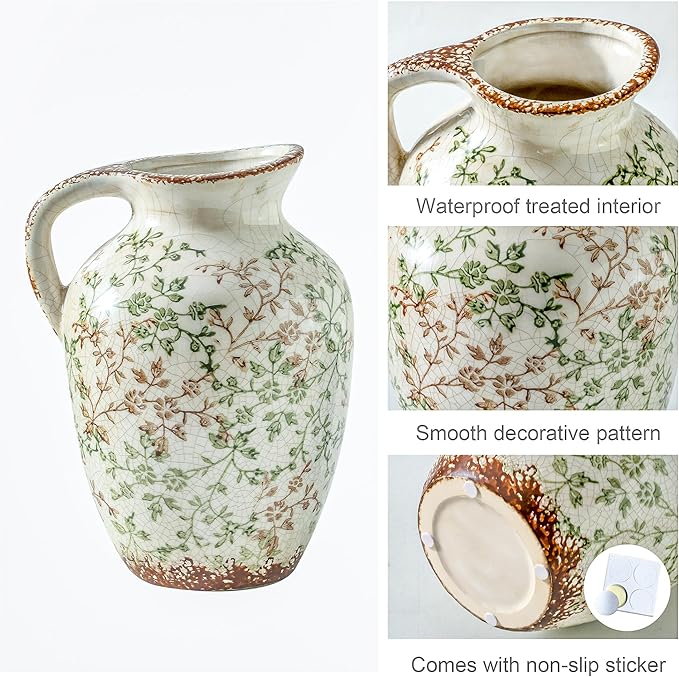 Enra Vintage Pitcher,Ceramic Chinoiserie Floral Vase,Green and Beige Decorative Flower vase,Large Rustic Vases for Home Decors, Living Room, Bookshelf, Office，9.7 inch