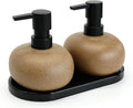 10oz Ceramic Hand Soap Dispenser, Elegant Liquid Soap Dispenser for Bathroom Countertop, Heavy & Sturdy Dish Soap Dispenser for Kitchen (Brown Set of 2 & Ceramic Tray)