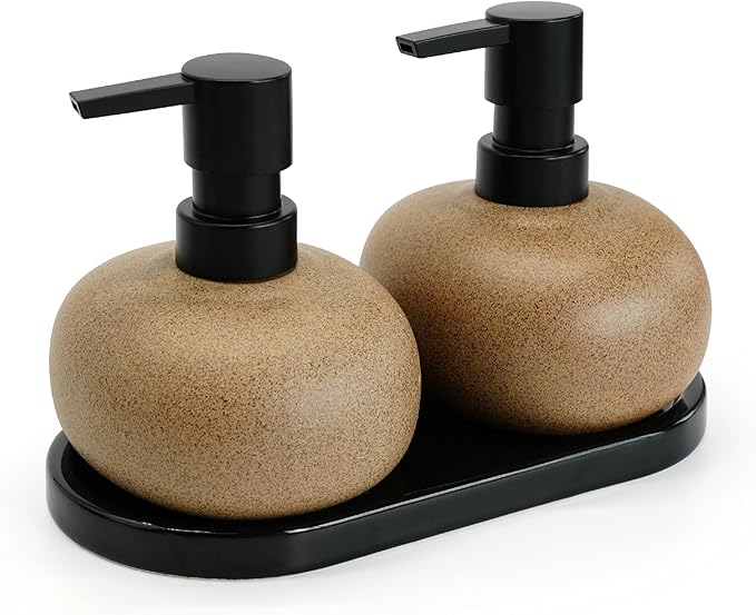 10oz Ceramic Hand Soap Dispenser, Elegant Liquid Soap Dispenser for Bathroom Countertop, Heavy & Sturdy Dish Soap Dispenser for Kitchen (Brown Set of 2 & Ceramic Tray)
