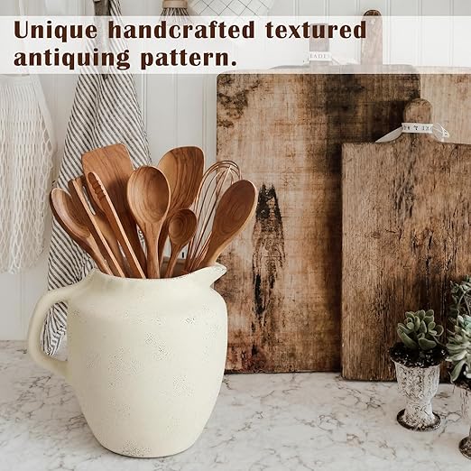 Rustic Kitchen Utensil Holder with Handle,7.48" H Ceramic Vintage Utensil Crock for Countertop, Farmhouse Kitchen Decoration Ceramic Pot for Spatulas Spoons Tongs(Novelty,Antique Cream)