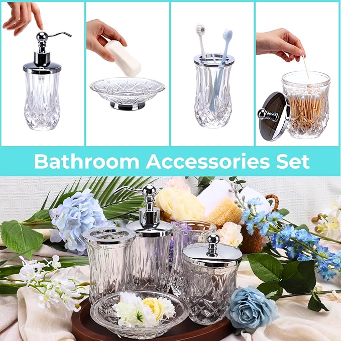 Bathroom Accessories Set,5 Pcs Clear Glass Bathroom Accessory Set,Complete Lotion Soap Dispenser,Toothbrush Holder,Soap Dish,Tumbler & Jar,Modern Bathroom Decor Sets Gift,Round