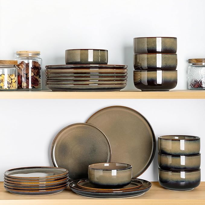 TheTerra Ceramic Dinnerware Sets for 6, 18 Pieces Handmade Reactive Glaze Plates and Bowls Set, Scratch Resistant Dish Set, Oven & Microwave & Dishwasher Safe, Coca Mocha