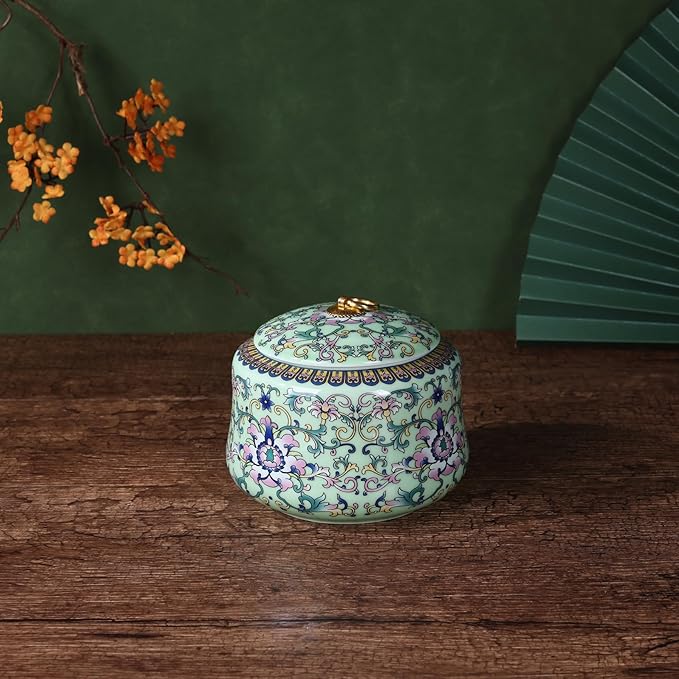 Handmade Chinoiserie Enamel Ginger Jar with Lid,Decorative Storage Jar for Loose Tea,Nuts & Snacks,Ceramic Vase Style Home Decor Canister,Colorful Jar for Kitchen,Living Room (Green Jar)