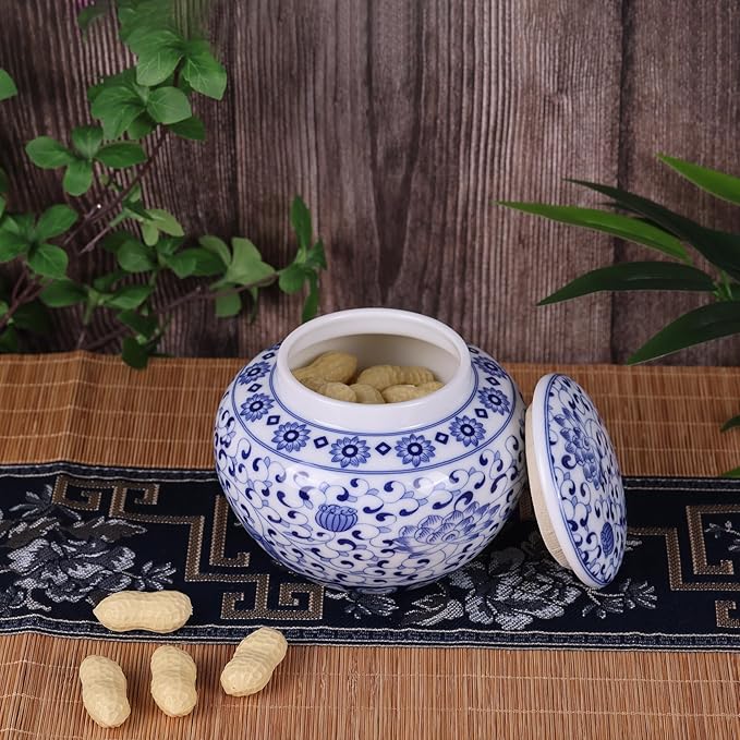 Traditional Chinoiserie Round Ginger Jars Blue and White Porcelain Series Ceramic Storage Jars with Sealed Lids,for Home/Kitchen/Dining Table Decoration (Leaves Jar)