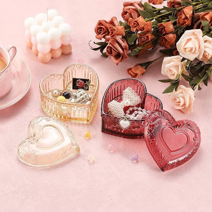 WHJY Glass Jewelry Box for Girls Heart Shaped Container with Lids Small Decorative Trinket Organizer for Vanity Room Decor Crystal Yellow Storage Jar for Rings Earrings Necklaces