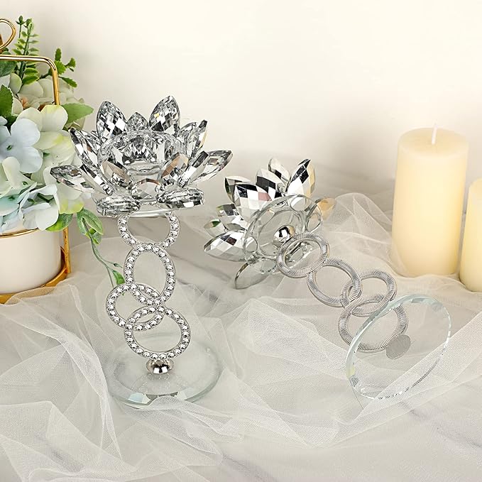 OwnMy Set of 2 Crystal Lotus Flower Candle Holders Metal Glass Lotus Pillar Candlestick Holders, Silver Crystal Lotus Tealight Candlesticks Votive Candle Stands for Wedding Table Centerpiece, 7.5" H