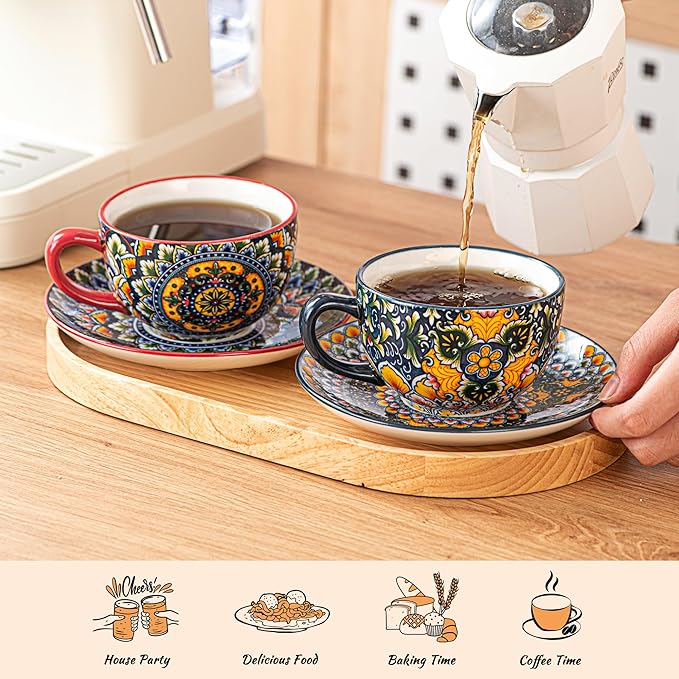 Henten Home 8.5 oz Cappuccino Cup and Saucers Set, Ceramic Coffee Cup Set of 6, Bohemian Cup for Latte, Tea, Hot Cocoa, Espresso, Microwave & Dishwasher Safe