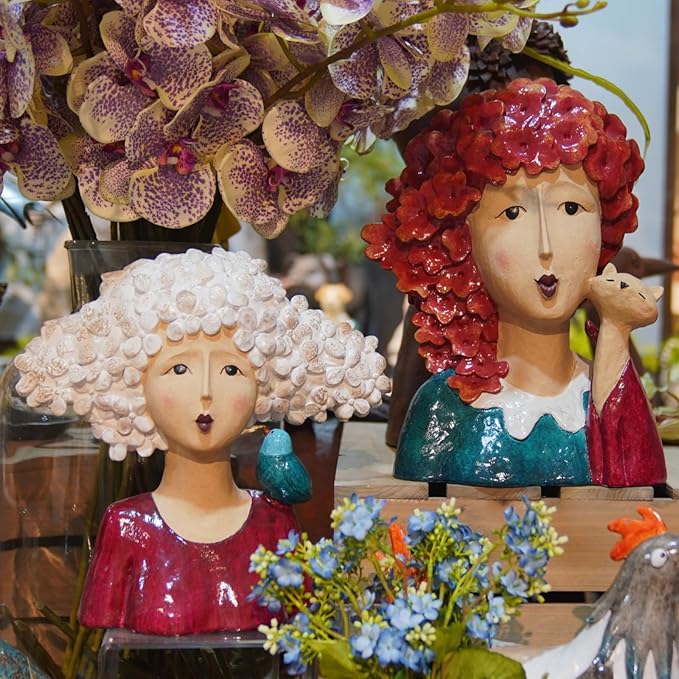 DiliComing Garden-Statues Bust-Head Sculptures for Home Decor - 11 Inch Women with Bird Modern Art Statue for Home and Garden, Various Festivals for Women 10.5 x5.5 x 11 Inch (Red)