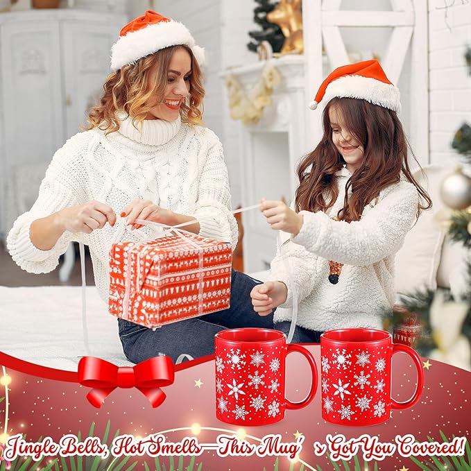 Sliner 2 Sets Red Christmas Snowflake Mugs 11 oz Winter Ceramic Coffee Cups Gift Holiday Ceramic Tea Cup Xmas Birthday Gifts for Men Women