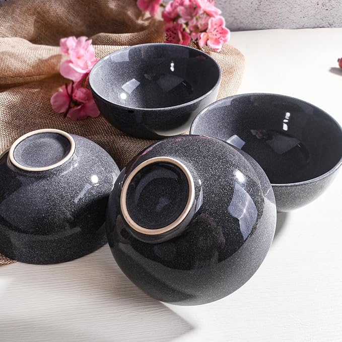 Modern Gray Porcelain Rice Bowls, 4.5 Inch Diameter, Set of 4, Traditional Asian Style Dining Bowls