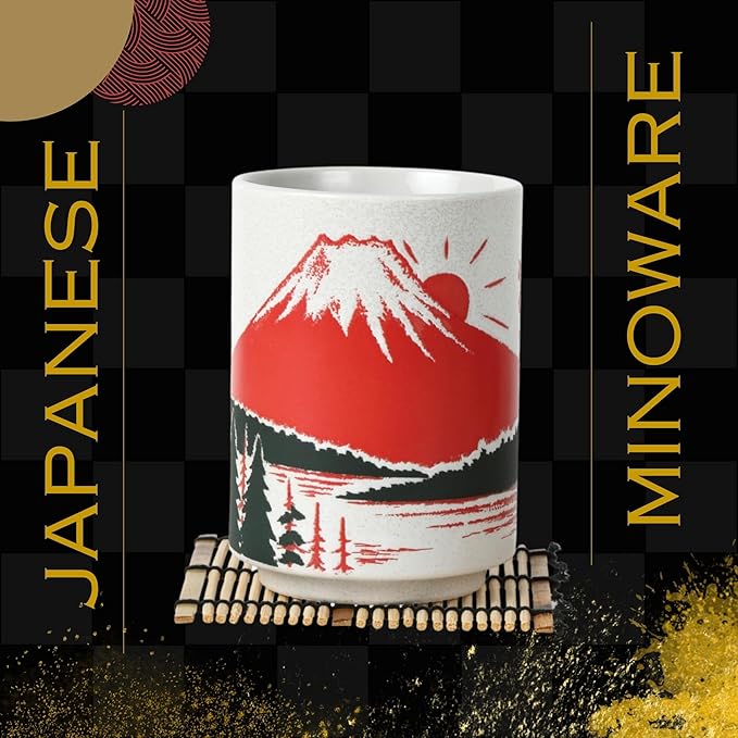 Japanese Tea Cups Sushi-Yunomi Mino Ware With Bamboo Coaster (Set of 2) (Mt. Fuji)