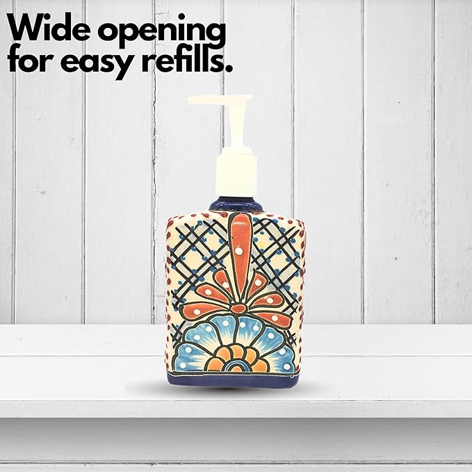 Talavera Ceramic Soap & Lotion Dispenser, for Kitchen or Bathroom Countertops - Pastel Hues Hand Painted Mexican Pottery - Jabonera Pastel