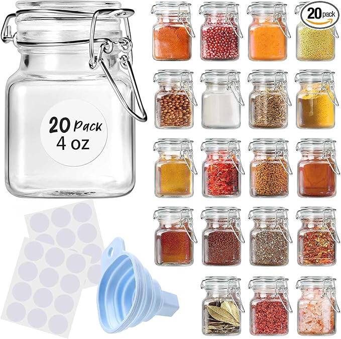 SKOCHE Spice Jars 20 Pack Small 4 oz Glass Jars with Airtight Hinged Lids, Spice Herb Jars with Labels and Silicone Funnels, 4oz Glass Jars with Lids Ideal for Spice Herbs