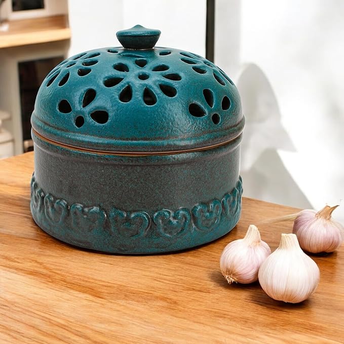 Peacock Blue Garlic Keeper for Counter Small, Ceramic Storage Jar & Garlic Holder for Friends Who Like Cooking, Garlic Container Saver for Kitchen, Keep Your Garlic Cloves Fresh Longer, 3-Inch